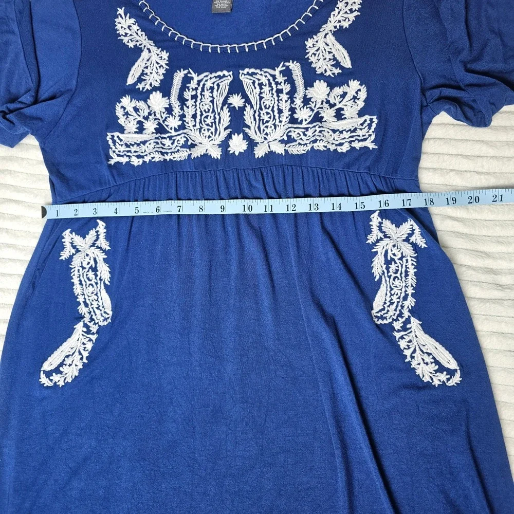 Chelsea Theodore Embroidered Blue Dress XL 3/4 Sleeve Empire Waist Boho Flowy - Picture 4 of 11